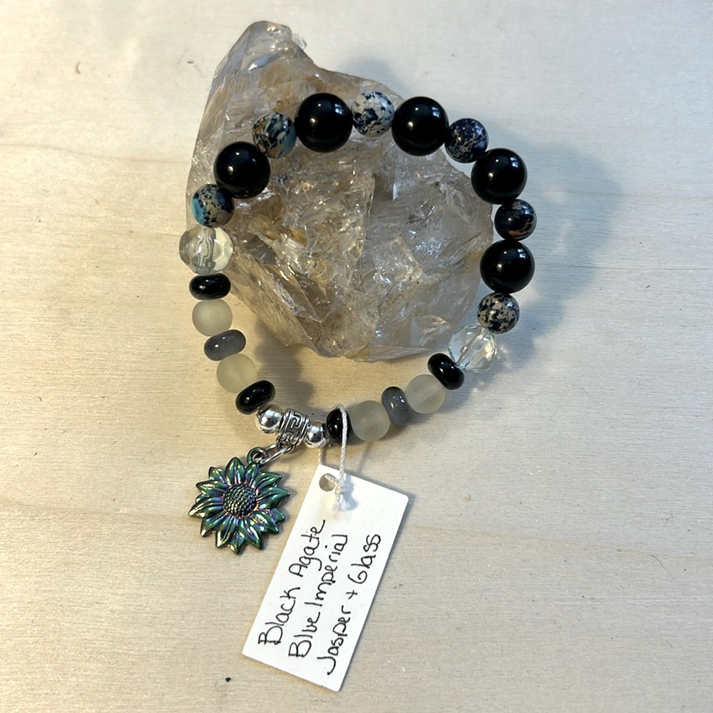 Handmade stone and glass beaded stretch charm bracelet